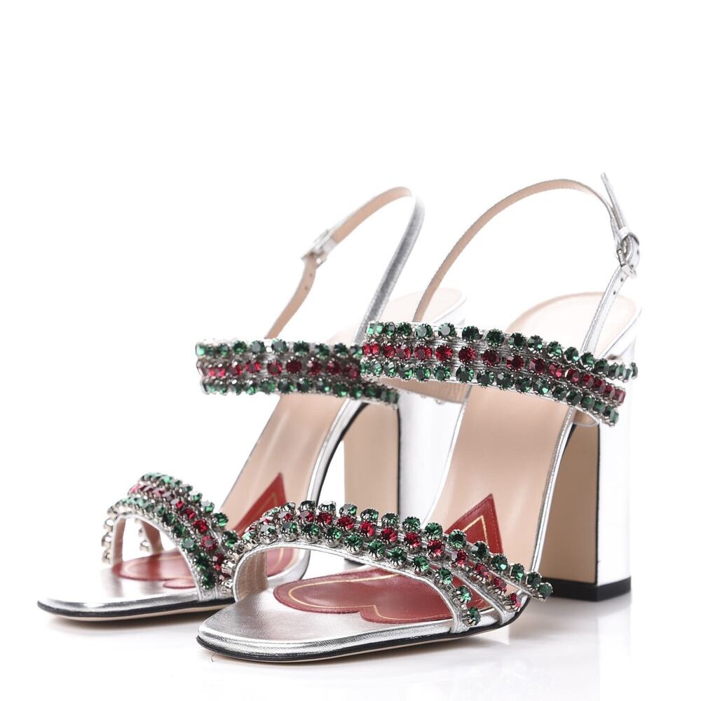 NIB Gucci Bertie Crystal Metallic Silver Block Heel Sandals 36.5/6.5 $1250.00